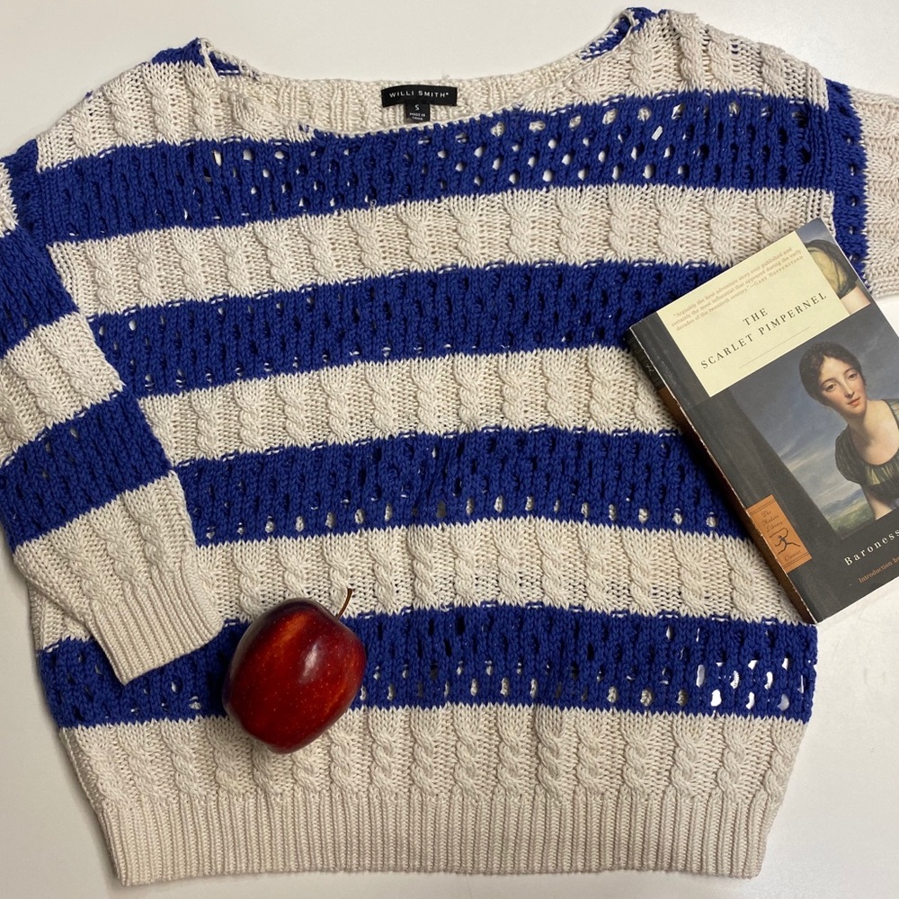 Cream and Blue Striped Wide Knit Sweater